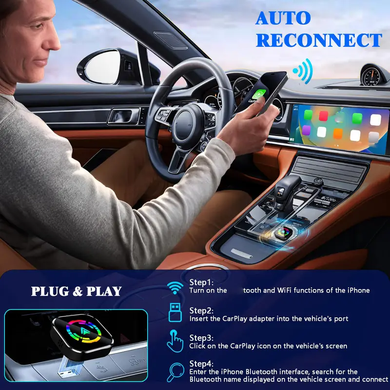 2 In1 Wired to Wireless CarPlay Adapter Plug & Plug Auto Connect Converts for Wired Cars, Color (A21)