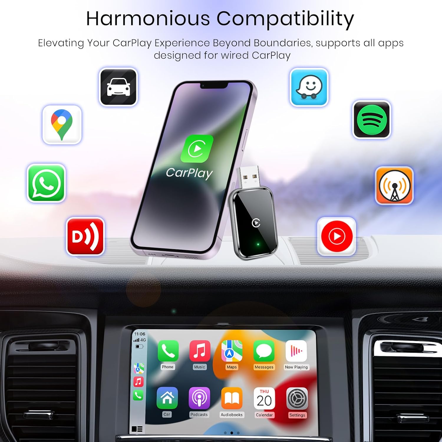 Wireless CarPlay Adapter Auto Adapter Plug Bluetooth USB a for Original Cars (A02)